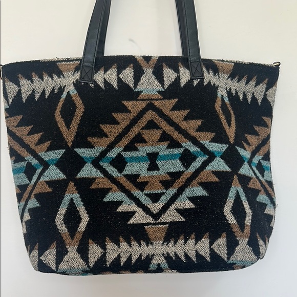 Southwestern Geometric Tote Bag Black Turquoise Beige - Picture 3 of 5